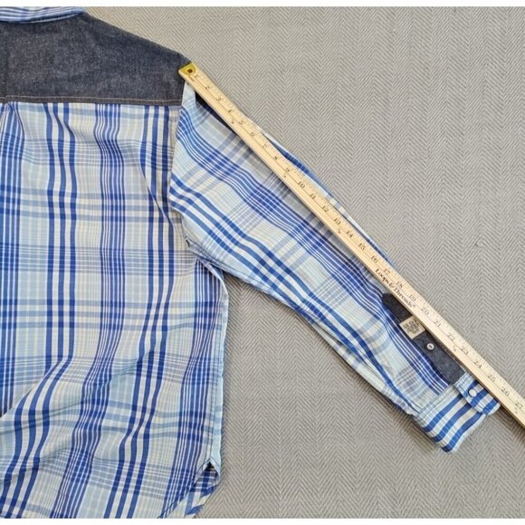 Rocawear Western Shirt Men's XL Blue Plaid Pearl Snap Denim Patches Classic EUC - Picture 11 of 12